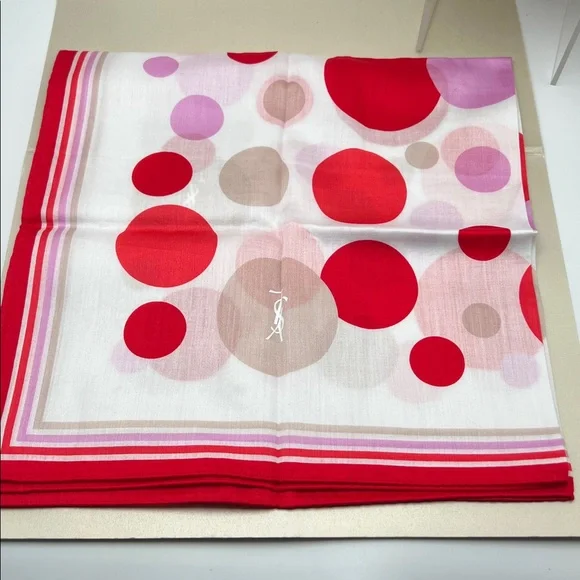 Yves Saint Laurent Red, Lilac & Cream Polka Dot Cotton Handkerchief / Bandana - Picture 3 of 12